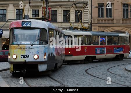 Trams in Prague . The Prague tram network is 135 kilometers and has 25 daytime lines and 9 at night. In combination with the meter allows to reach any point of interest in the city . - April 2013. Stock Photo