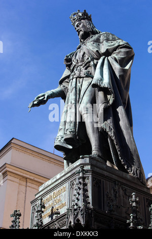 Statue of Charles IV Holy Roman Emperor of Bohemia King figure at  Knights of the Cross Square at Charles Bridge Prague sculpture Stock Photo