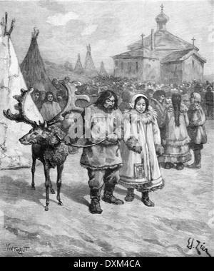 Indigenous Sami Couple Lapps or Laplanders & Reindeer in Front of Orthodox Church Scandinavia 1897 Stock Photo