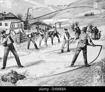 Competitive Whip Cracking Sport or Cracking Whips in Salskammergut Austria 1897 Vintage Illustration or Engraving Stock Photo