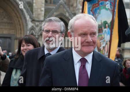 Westminster, London, UK. 27th March, 2014. Hundreds of people bid Tony Benn farewell as his coffin left St. Margaret's Church in Westminster. A private family cremation will take place later this afternoon and a memorial meeting will be held later in the year. Pictured: MARTIN MCGUINNESS; GERRY ADAMS. Credit:  Lee Thomas/Alamy Live News Stock Photo
