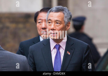 London, March 247th 2014, Singapore Prime Minister Lee Hsien Loong  arrives at Downing Street to be greeted by his British counterpart, David Cameron, before bilateral talks. Credit:  Paul Davey/Alamy Live News Stock Photo