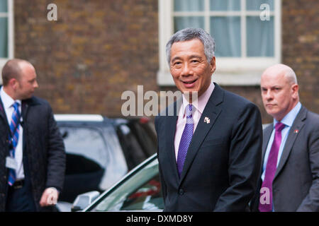 London, March 247th 2014, Singapore Prime Minister Lee Hsien Loong  arrives at Downing Street to be greeted by his British counterpart, David Cameron, before bilateral talks. Credit:  Paul Davey/Alamy Live News Stock Photo