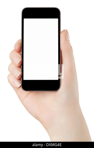 Female hand holding a modern smartphone with blank white screen ...