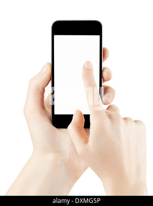 Woman hand holding and touching smart phone screen Stock Photo