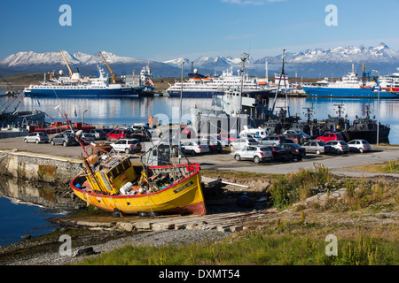 Argentinian Naval vessels in the town of Ushuaia which is the capital of Tierra del Fuego, in Argentina, Stock Photo