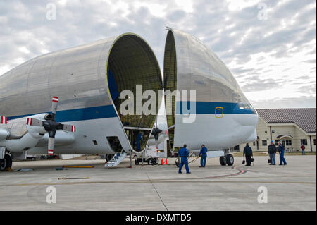 NASA’s Super Guppy, a specially designed wide-bodied cargo aircraft lands at the Redstone Army Airfield March 27, 2014 in Huntsville, Alabama. The aircraft delivered a high tech Cryogenic fuel tank for testing at the Marshall Space Flight Center critical to the future of deep space exploration. Stock Photo