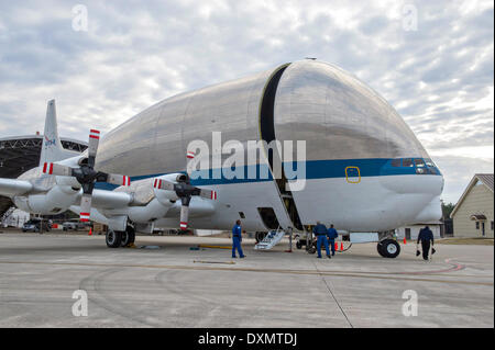 NASA’s Super Guppy, a specially designed wide-bodied cargo aircraft lands at the Redstone Army Airfield March 27, 2014 in Huntsville, Alabama. The aircraft delivered a high tech Cryogenic fuel tank for testing at the Marshall Space Flight Center critical to the future of deep space exploration. Stock Photo
