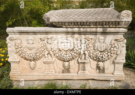 ASIA, Turkey, Selçuk, Ephesus Museum, carving on side of sarcophagus outside building Stock Photo