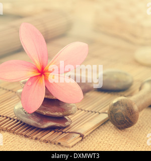 Tropical spa with Frangipani flowers in retro style. Low lighting, suitable for spa related theme. Stock Photo