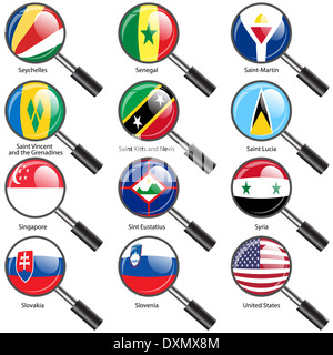 Set  Flags of world sovereign states magnifying glass. Vector il Stock Photo