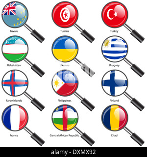 Set  Flags of world sovereign states magnifying glass. Vector il Stock Photo