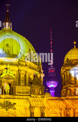 Fernsehturm Television Tower and the Berliner Dom lit up During the Festival of Lights, Berlin, Germany Stock Photo