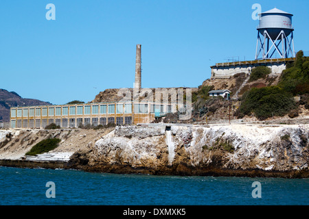 Water tower and smoke stack on Alcatraz Island, Golden Gate National Recreation Area, San Francisco Bay, San Francisco, California, United States of America Stock Photo