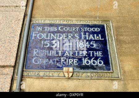 Blue plaque marking the site of the Founder’s Hall in Lothbury, London, UK. Stock Photo