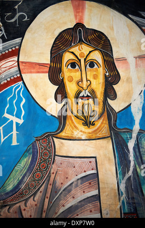 twelfth century Catalan Romanesque Fresco of Christ Pantocrator in the Church of Saint Climent in Taull, Vall de Boi, Spain. Stock Photo