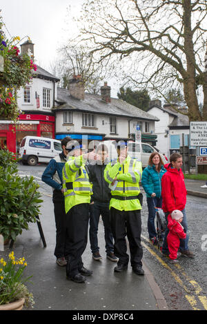 Windermere, UK. 28th Mar, 2014. Lake District police search for missing Teesside student. Police say they are concerned about the welfare of Matthew Jordan, from  Pictured today police In Bowness on Windermere checking the routes in the area that was known to him Credit:  Gordon Shoosmith/Alamy Live News Stock Photo