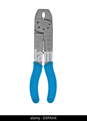 vintage rusty wire stripping and cutting pliers wrench over white, clipping path Stock Photo