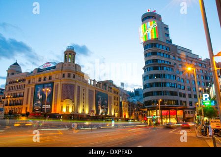 Gran Via, night view. Madrid, Spain. Stock Photo
