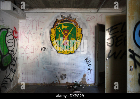 Berlin, Germany, coat of arms of the U.S. military police at the ruins of Abhoerstation the U.S. Army on the Teufelsberg Stock Photo