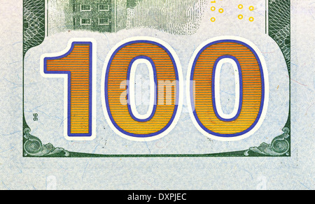 Number 100. Hundred dollars bill fragment macro, new edition. Stock Photo