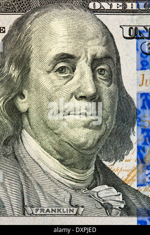 Portrait of Benjamin Franklin macro from one hundred dollars bill, new edition Stock Photo