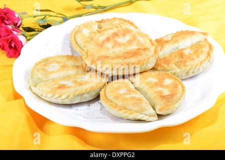 Chinese Food:Toasted Dumplings on a white plate against golden background Stock Photo