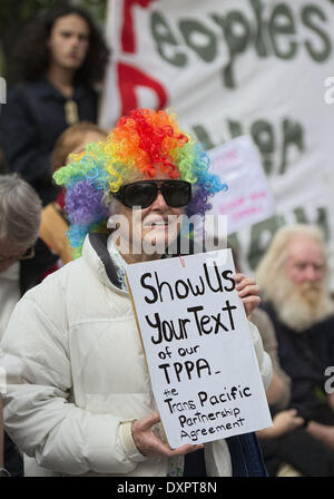 Christchurch, New Zealand. 29th Mar, 2014. Kiwis nationwide demonstrate against a proposed Trans-Pacific Partnership Agreement, which is being negotiated in secret among 11 Asian and Pacific-rim countries, including the United States. Protestors say leaked documents show the agreement would damage the New Zealand economy, environment, people's health, and the ability of the country to shape its own future. Credit:  PJ Heller/ZUMAPRESS.com/Alamy Live News Stock Photo