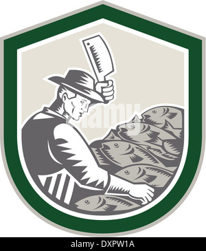 Illustration of a butcher fishmonger worker fish facing side chopping fish with meat cleaver set inside shield on isolated background done in retro woodcut style. Stock Photo