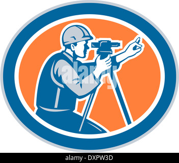 Illustration of a surveyor geodetic engineer looking thru total station theodolite instrument surveying viewed from side set inside oval shape done in retro style. Stock Photo