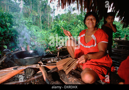 A woman cooking in the Orinoco delta. The Warao are an indigenous people inhabiting northeastern Venezuela and western Guyana. Stock Photo
