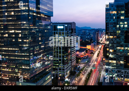Skyscrapers at night in the Gangnam district of Seoul, South Korea. Stock Photo