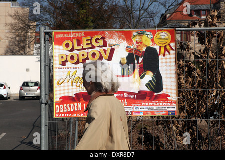 A poster for the new show 'Magic Life' of famous Russian clown Oleg Popov seen in Dresden, Germany. Stock Photo
