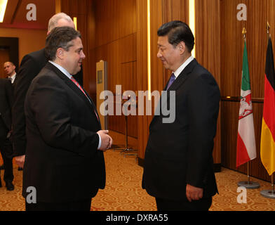 Duesseldorf, Germany. 29th Mar, 2014. Chinese President Xi Jinping (R) meets with German Vice Chancellor and Minister of Economics and Energy Sigmar Gabriel, who also chairs the Social Democratic Party (SPD), in Duesseldorf, Germany, March 29, 2014. Credit:  Liu Weibing/Xinhua/Alamy Live News Stock Photo