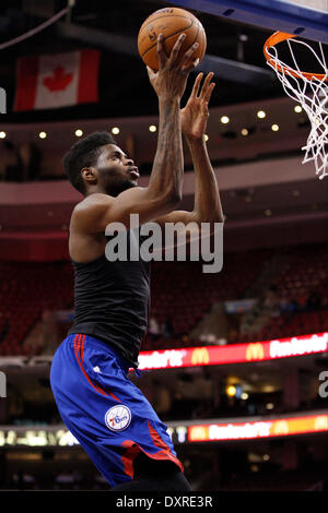 Philadelphia, Pennsylvania, USA. 29th Mar, 2014. Philadelphia 76ers center Nerlens Noel (4) goes up for the shot during warm-ups prior to the NBA game between the Detroit Pistons and the Philadelphia 76ers at the Wells Fargo Center in Philadelphia, Pennsylvania. Christopher Szagola/Cal Sport Media/Alamy Live News Stock Photo