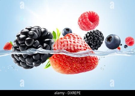 close up view of nice fresh berries on blue background Stock Photo