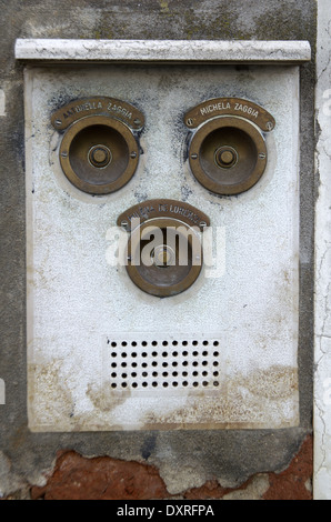 Antique Stone Door Bell Intercom with lion heads in Venice Stock Photo