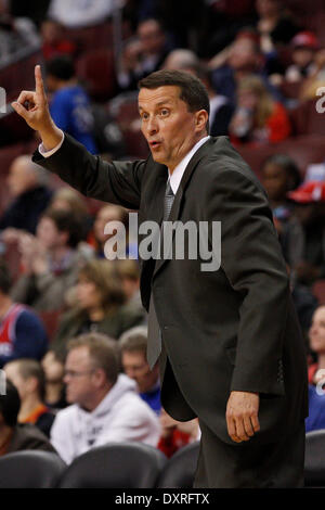 March 29, 2014: Detroit Pistons head coach John Loyer reacts during the NBA game between the Detroit Pistons and the Philadelphia 76ers at the Wells Fargo Center in Philadelphia, Pennsylvania. The 76ers won 123-98. Christopher Szagola/Cal Sport Media Stock Photo