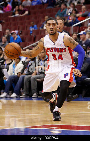 March 29, 2014: Detroit Pistons guard Peyton Siva (34) in action during the NBA game between the Detroit Pistons and the Philadelphia 76ers at the Wells Fargo Center in Philadelphia, Pennsylvania. The 76ers won 123-98. Christopher Szagola/Cal Sport Media Stock Photo