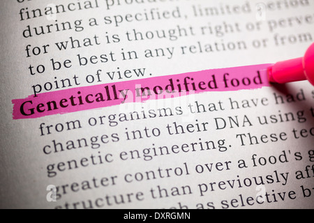 Fake Dictionary, definition of the word genetically modified food. Stock Photo