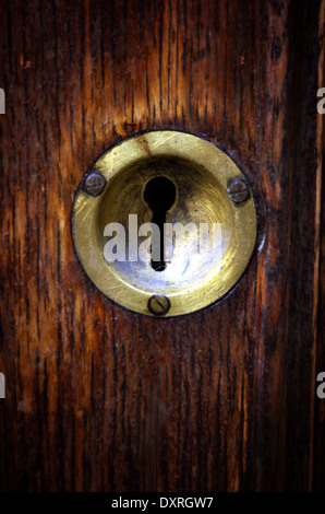 Antique gilded keyhole plate on the wooden door in Venice Stock Photo