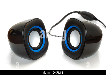 Black small speakers for computers isolated on white background . Stock Photo
