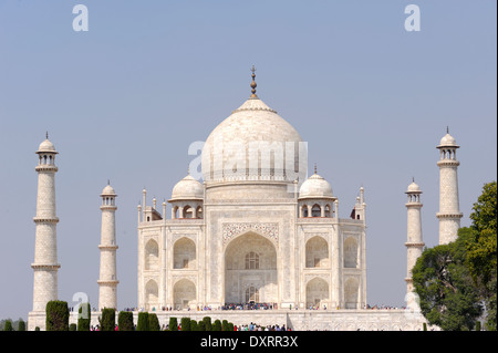 Taj Mahal, ultimately from Arabic, 'crown of palaces', also 'the Taj' is a white marble mausoleum located in Agra. Stock Photo