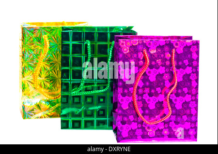 colorful bags with holographic pattern for gifts Stock Photo