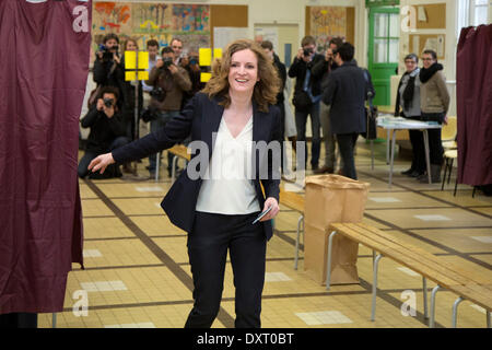 Paris, France. 30th Mar, 2014.  Nathalie Kosciusko-Morizet, conservative UMP political party candidate for the mayoral election, arrives to cast her vote, March 30, 2014. The second round of the 2014 municipal elections began today to elect city mayors and councillors for a six-year term. (Xinhua/Nicolas Kovarik)(bxq) Credit:  Xinhua/Alamy Live News Stock Photo