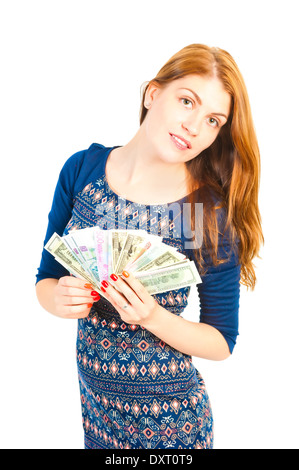 beautiful smiling woman holding a fan of money Stock Photo