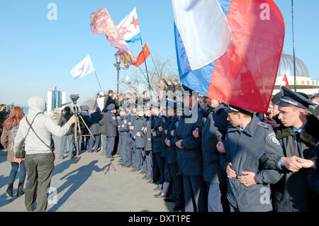 Odessa, Ukraine. 30th March, 2014. Police holding back crowd. Radical 'right sector' and self-defense maidan provoked the first clash with supporters antimaidan 'Kulikovo Field' Odessa. Odessa police squad and pushed down radicals Potemkin Stairs. No victims and injured. Credit:  Andrey Nekrasov/Alamy Live News Stock Photo