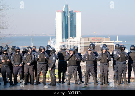 Odessa, Ukraine. 30th March, 2014. Police holding back crowd. Radical 'right sector' and self-defense maidan provoked the first clash with supporters antimaidan 'Kulikovo Field' Odessa. Odessa police squad and pushed down radicals Potemkin Stairs. No victims and injured. Credit:  Andrey Nekrasov/Alamy Live News Stock Photo