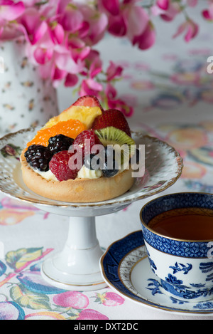 Mixed fruit tart with tea Stock Photo