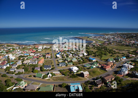 Aerial view of L'Agulhas, a small village with a lighthouse adjacent to Cape Agulhas the most Southerly point of Africa Stock Photo